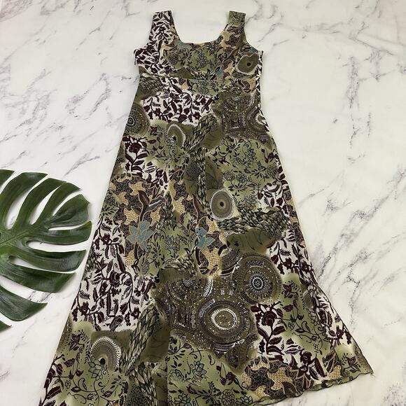 Tribal Womens Vintage Y2k Slip Maxi Dress Size 8 Green Tan Paisley Floral - Picture 8 of 11
